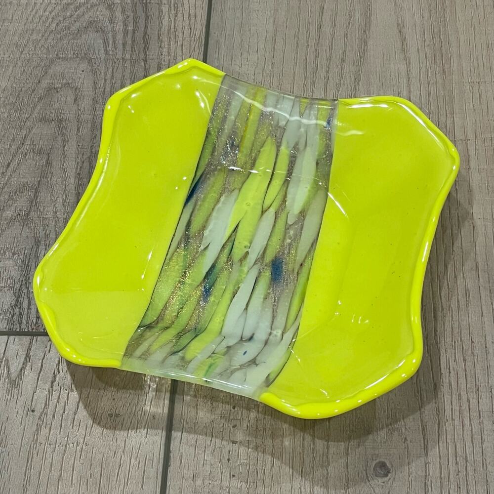 Fused Glass Decorative Square Bowl Dish Yellow 7 1/4” x 7 1/4”